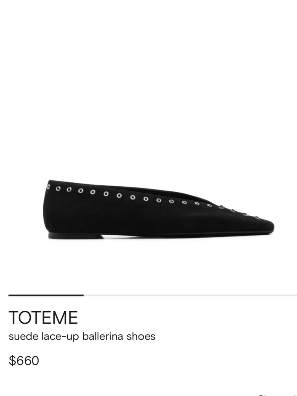 Toteme Black Suede Ballerina Flats with Silver Eyelets - 39